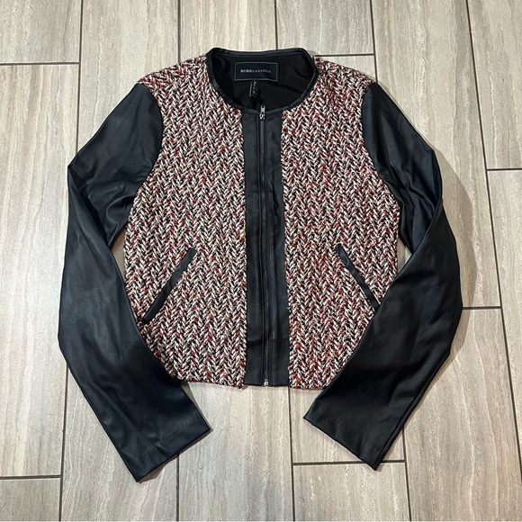 BCBGMAXAZRIA Womens Tweed Faux Leather Zip Up Jacket XS - Picture 1 of 5